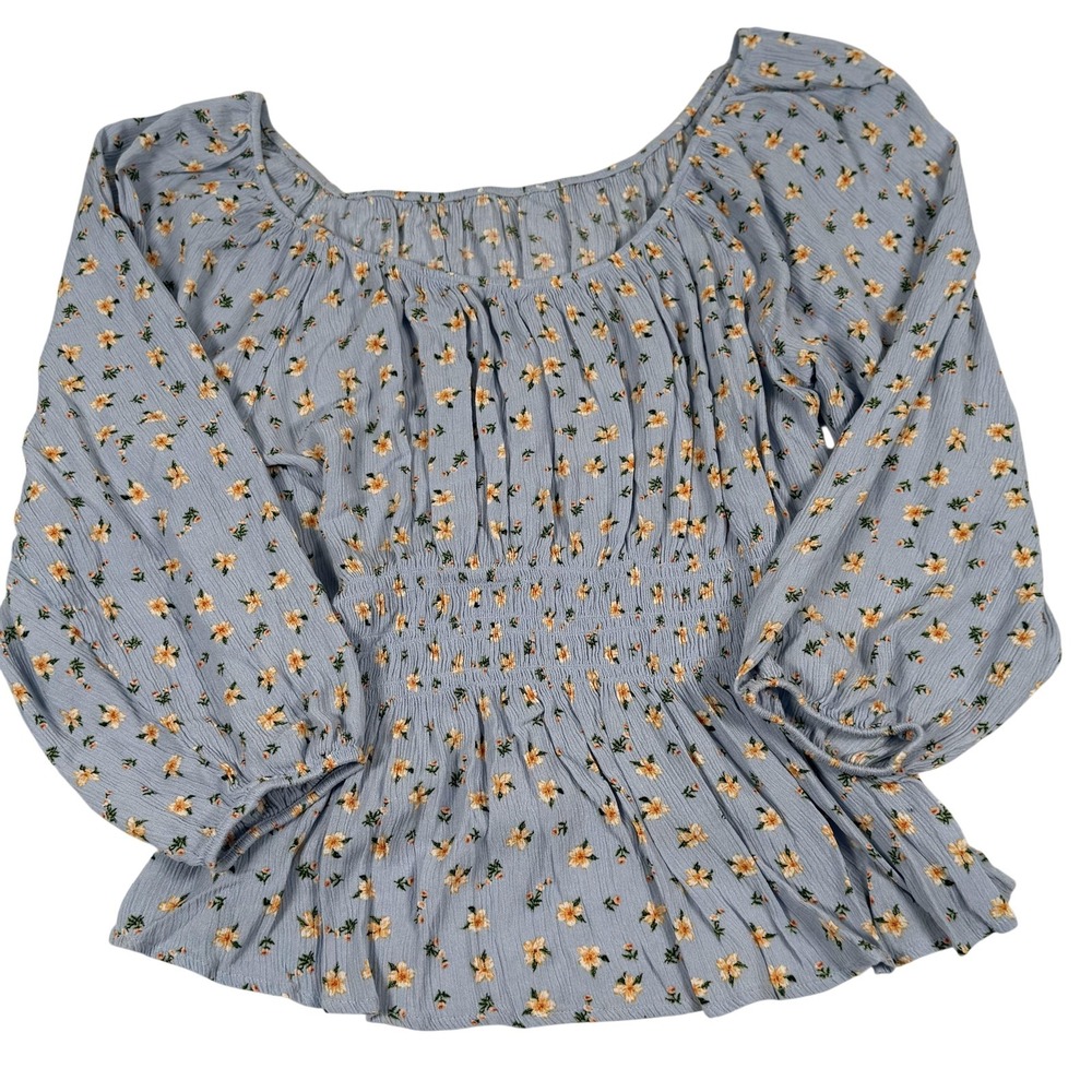 Peasant Floral Blouse 1X Scoop Neck Smocked Waist Peplum LS Top Hippie Boho Chic